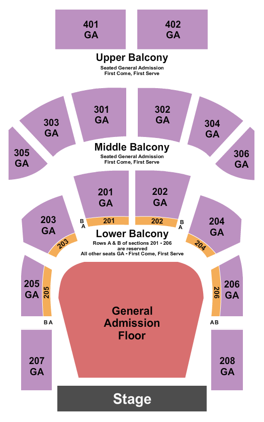 The Tabernacle - GA GA Floor/GA Balcony, RSV Front 200s Seating Chart